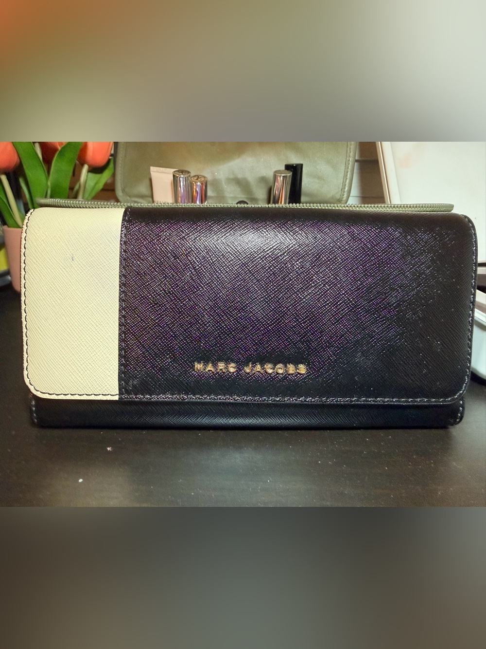 Marc Jacobs Black Saffiano Tri-Tone Wallet with Gold Logo